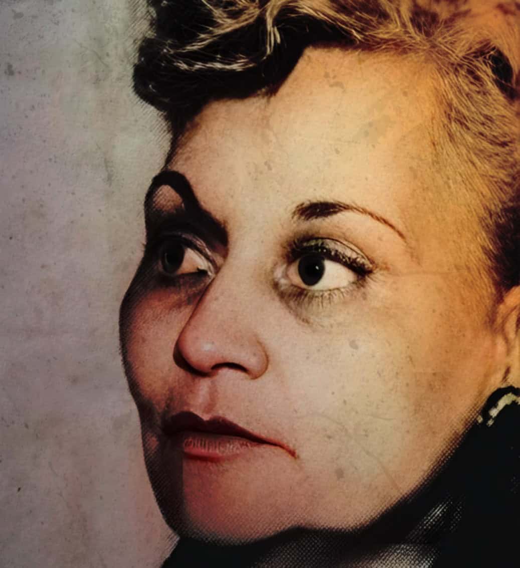 Close-up of a woman with short, styled hair and expressive eyes, emphasizing vintage fashion and personality, suitable for historical and music archive content.