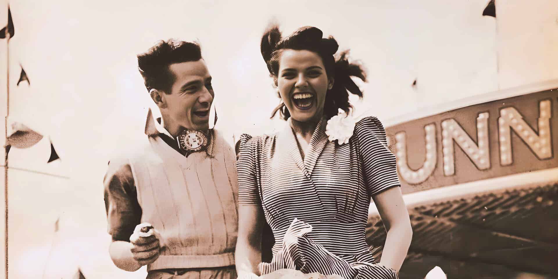 Vintage black and white photo of joyful young man and woman happily riding a carousel at an amusement park, capturing nostalgic moments of fun and entertainment.