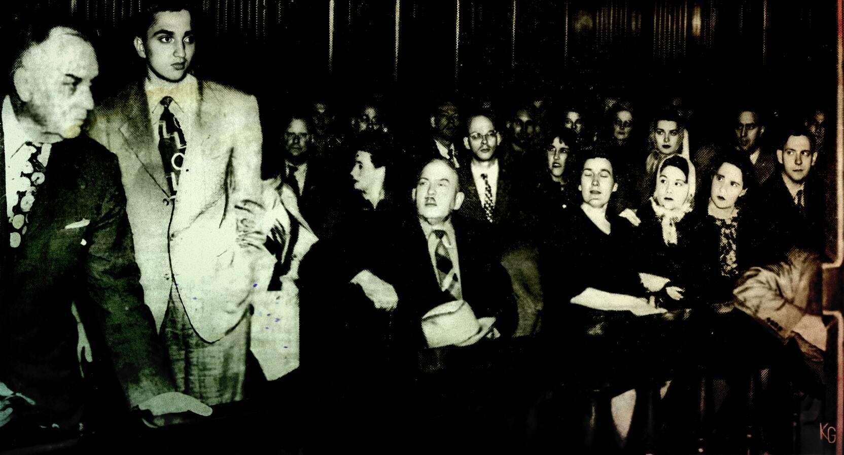 Old black and white photograph of a group of young women and a few men attending a public event or lecture, dressed in vintage 1940s or 1950s fashion, capturing historical culture and social moments.