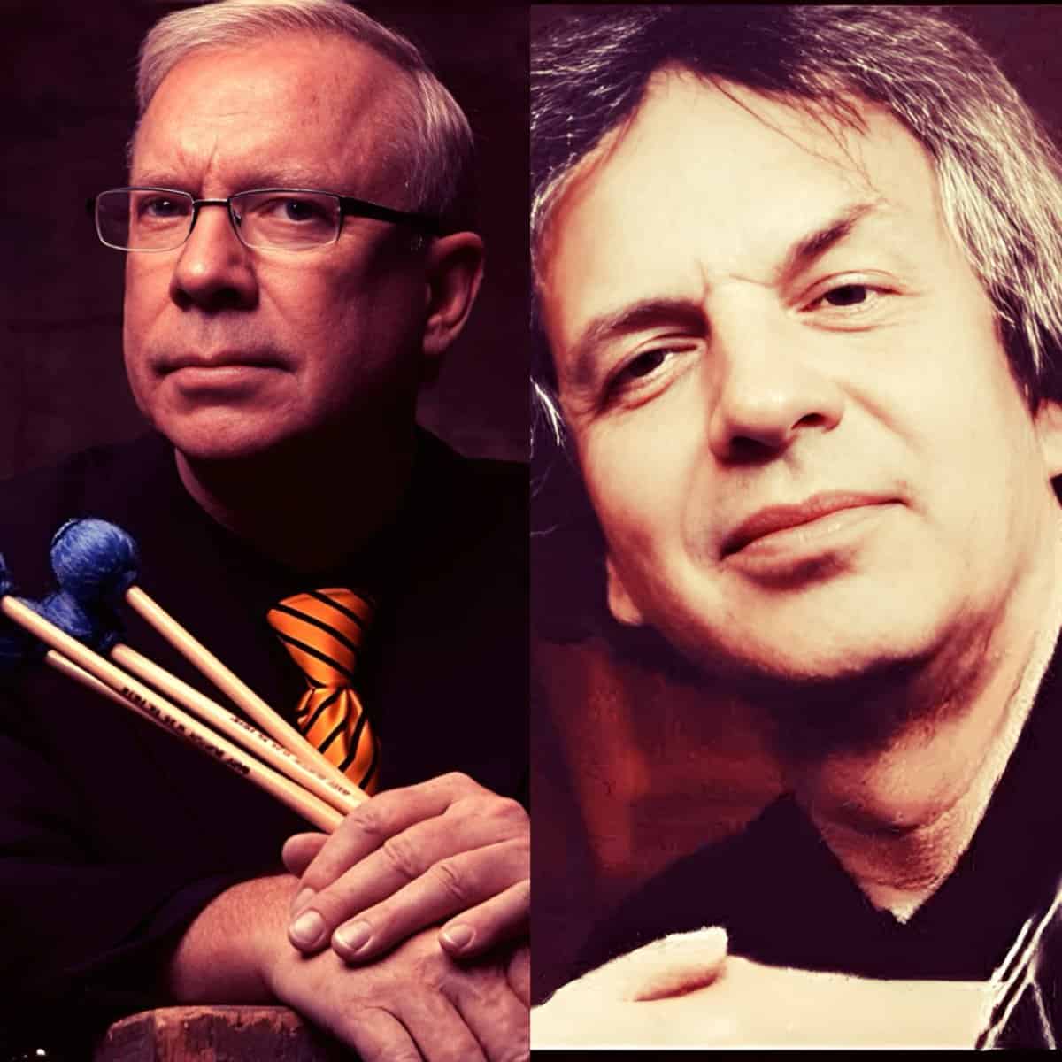 Ripped to image of two men, one holding colorful drumsticks, the other smiling casually, representing a music and news archive themed visually for audio history, news, and pop culture enthusiasts.