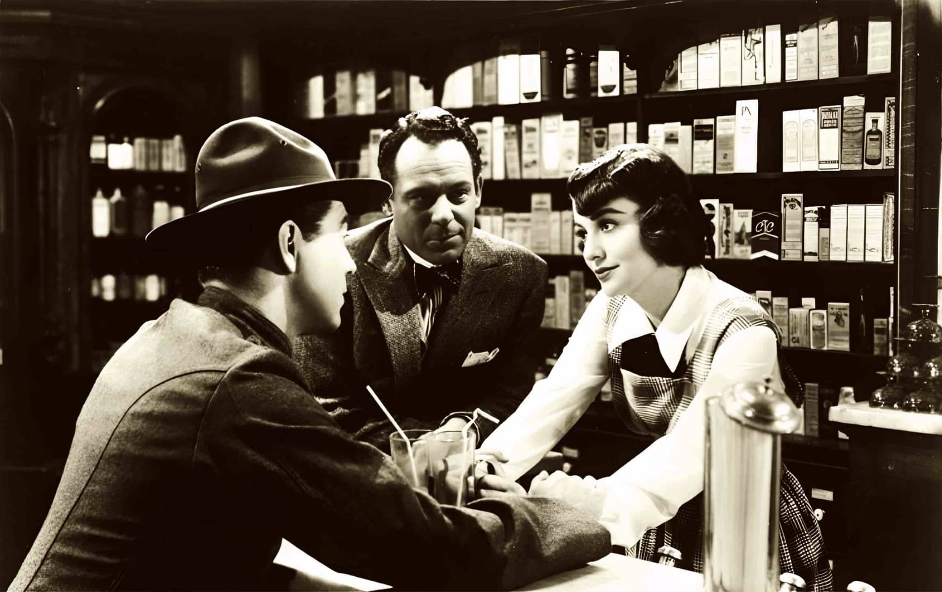 Archive scene from classic film capturing vintage store conversation with newspaper woman, storekeeper, and male customer, illustrating mid-20th-century retail and social interaction.
