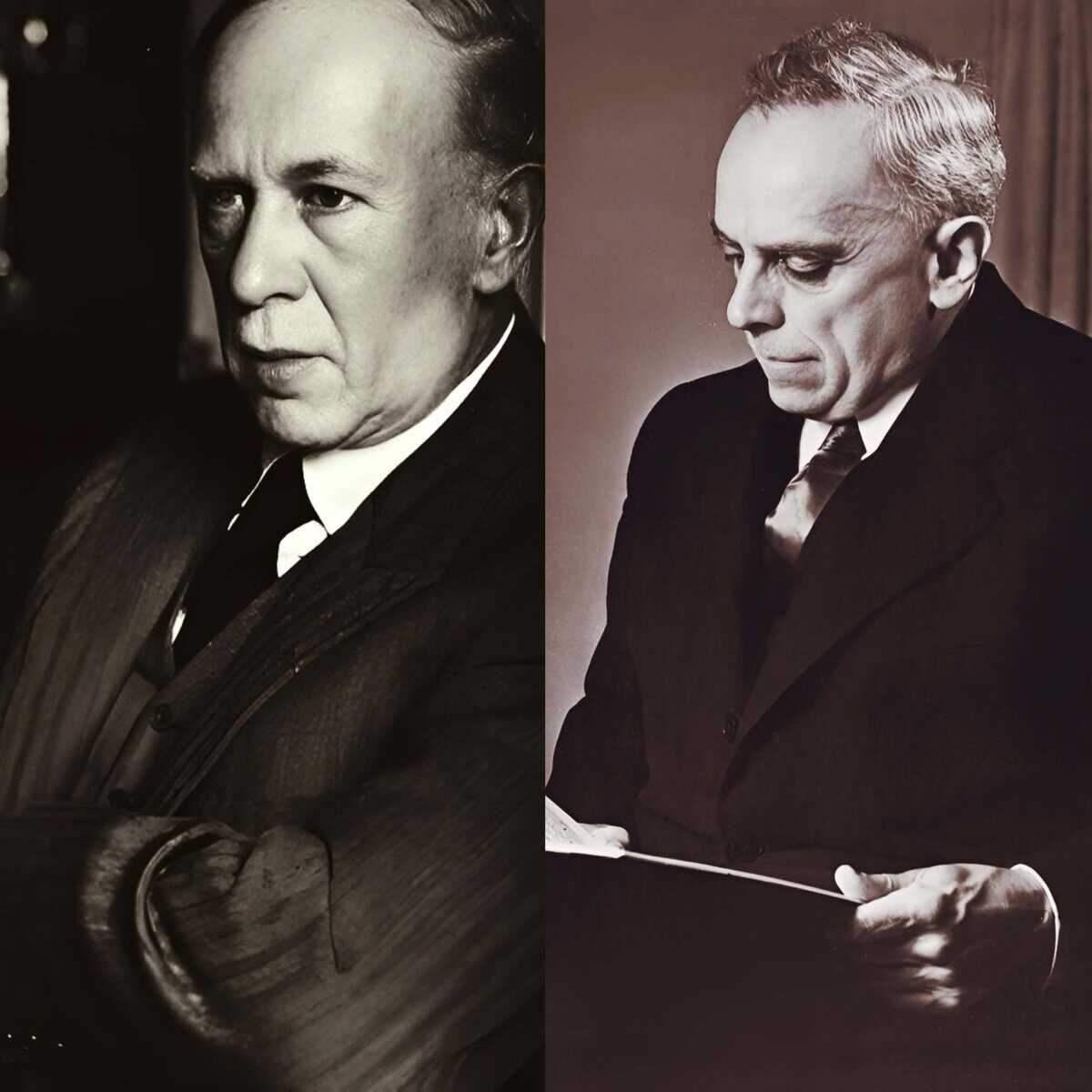 Historical black and white portraits of two men in formal suits, depicting significant figures in news, history, and music archives, emphasizing past daily sound archive collections and vintage media documentation, relevant for historical news and music history SEO.