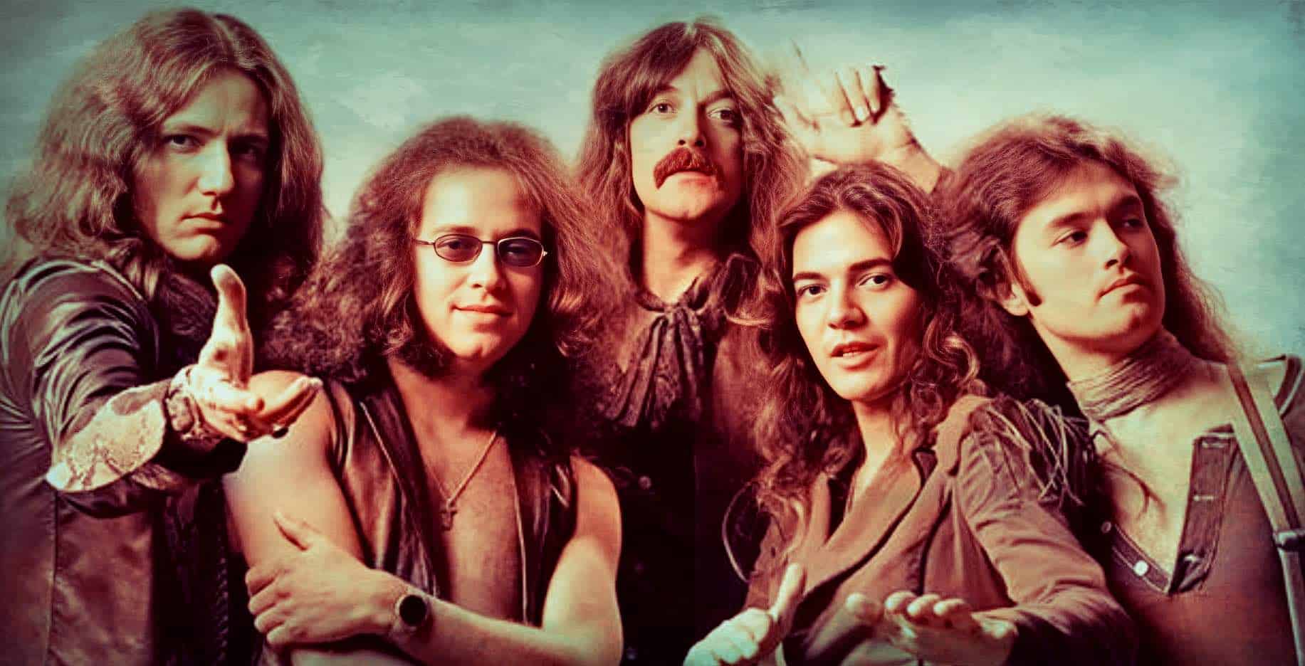 Vintage rock band members with long hair, leather jackets, and energetic poses, representing music history and classic rock culture.