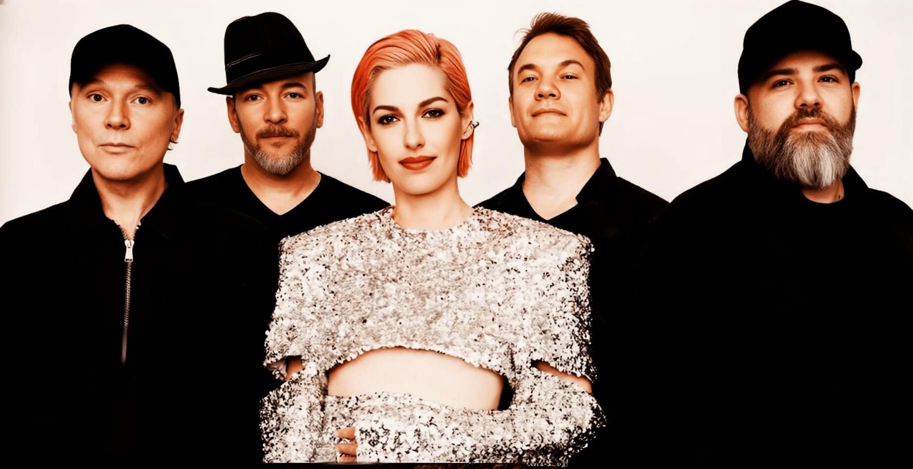 Elegant music band group photo, featuring diverse musicians with vibrant styles, perfect for nostalgia, history, and music archive.