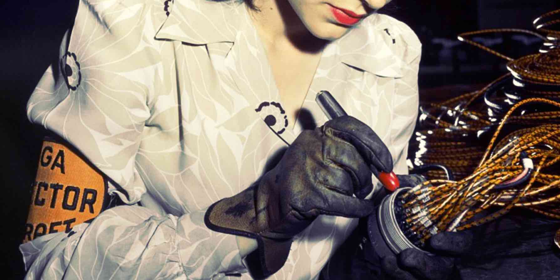 Vintage radio technician wearing gloves, inspecting multicolored wires to preserve sound recordings for historical news and music archives at Past Daily.