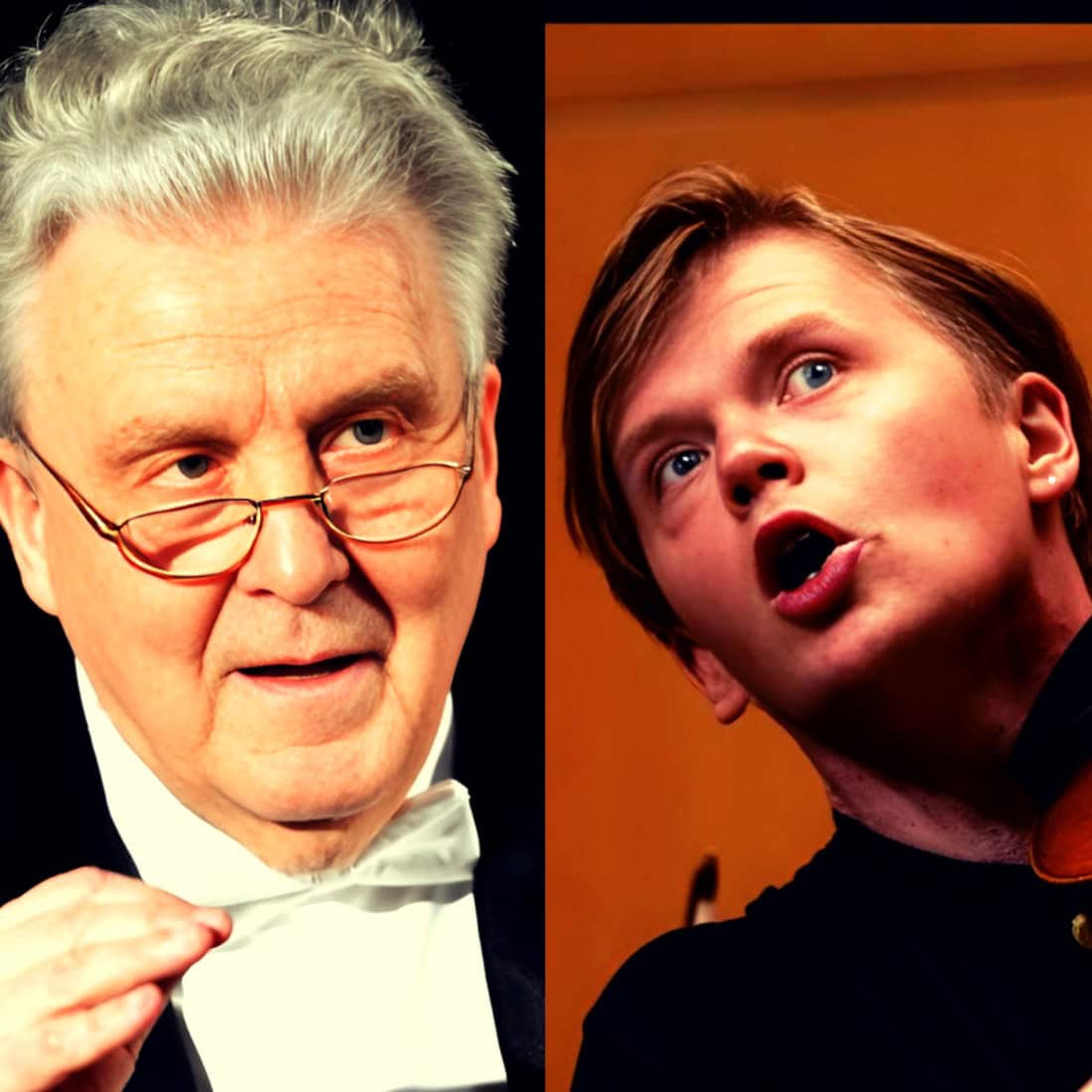 Elderly man with glasses and tuxedo, young man with guitar, public speaking, music, news, historical archive, sound recordings, media, pastdaily.