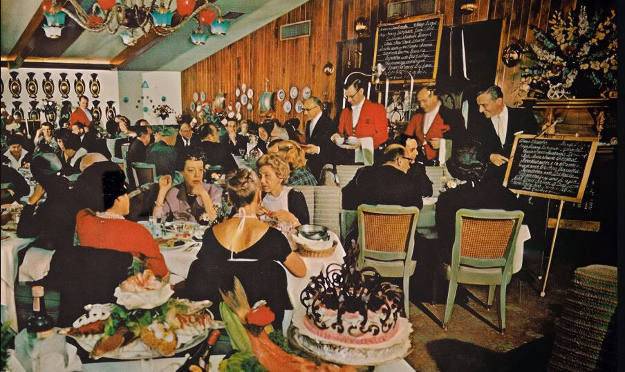 A vintage restaurant scene with elegantly dressed diners enjoying a formal meal, surrounded by waitstaff serving food, colorful decorations, and a cozy, nostalgic atmosphere.