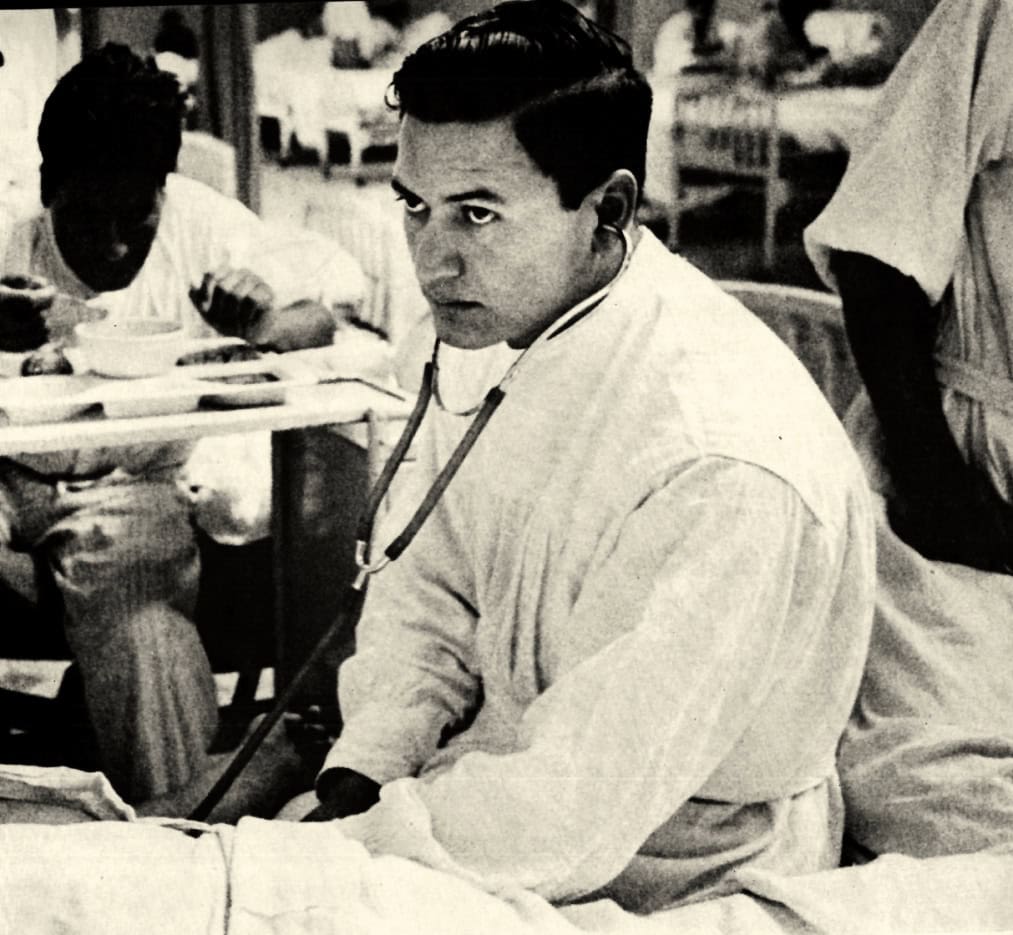 Medical doctor in hospital, black and white vintage photo, healthcare, medical profession, health workers, Past Daily archive, historical news photography, medical history.
