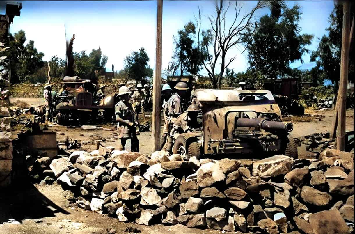 Army soldiers and military vehicles in a war-torn area, historical news coverage, vintage war scene, dusty environment, Past Daily archival image, history and news archive, war history, vintage military photography, historical news footage.