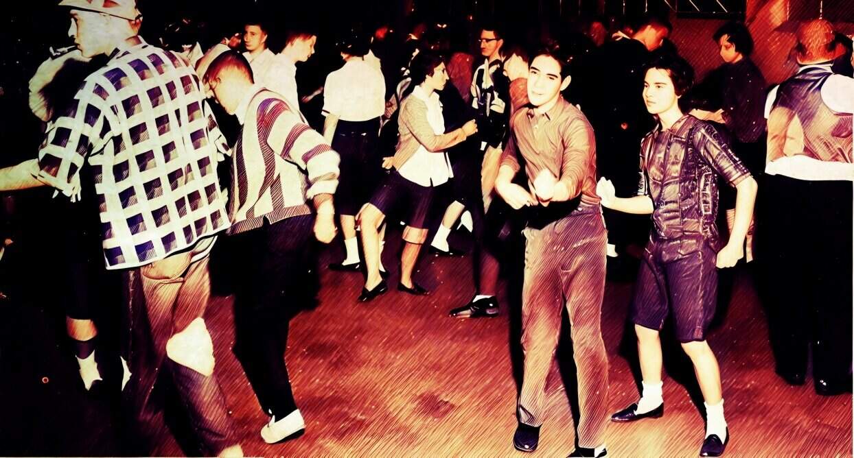 Vintage dance event with young adults enjoying lively music and social dancing, capturing the spirit of mid-20th-century music and cultural history.