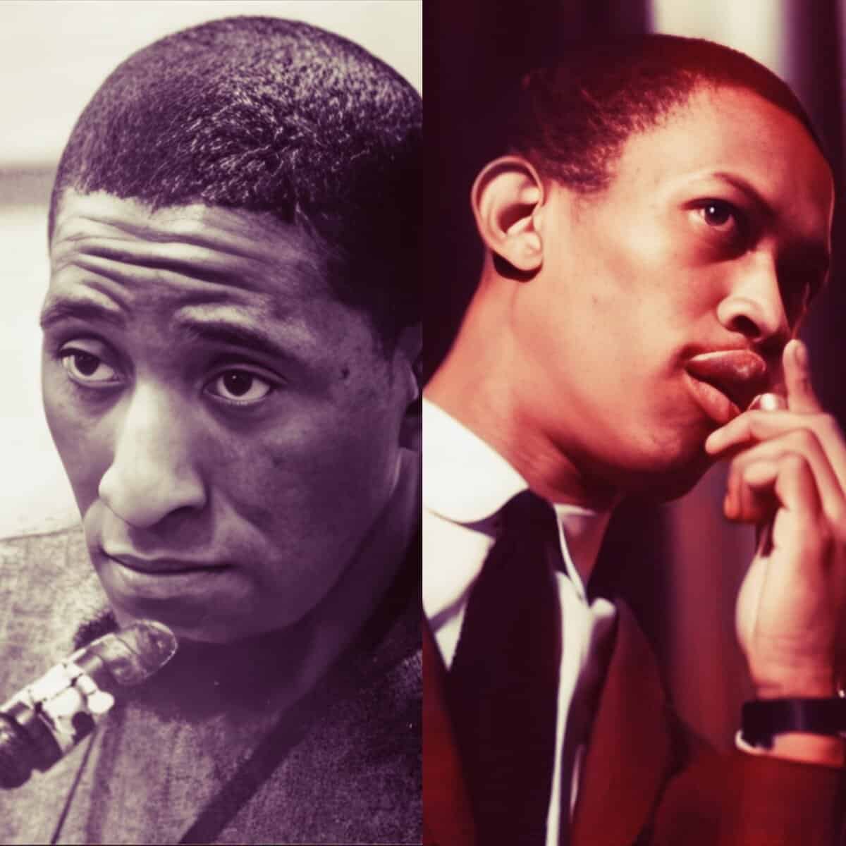 African American man with short hair, speaking into a microphone; young woman with short hair, deep in thought, wearing a formal suit.