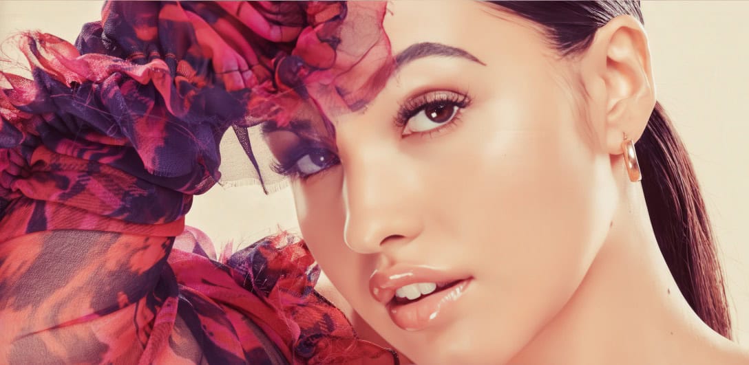 Red floral sheer blouse woman close-up beauty portrait, elegant fashion, Asian female model with perfect skin, makeup, shiny lips, studio lighting, fashion photography.