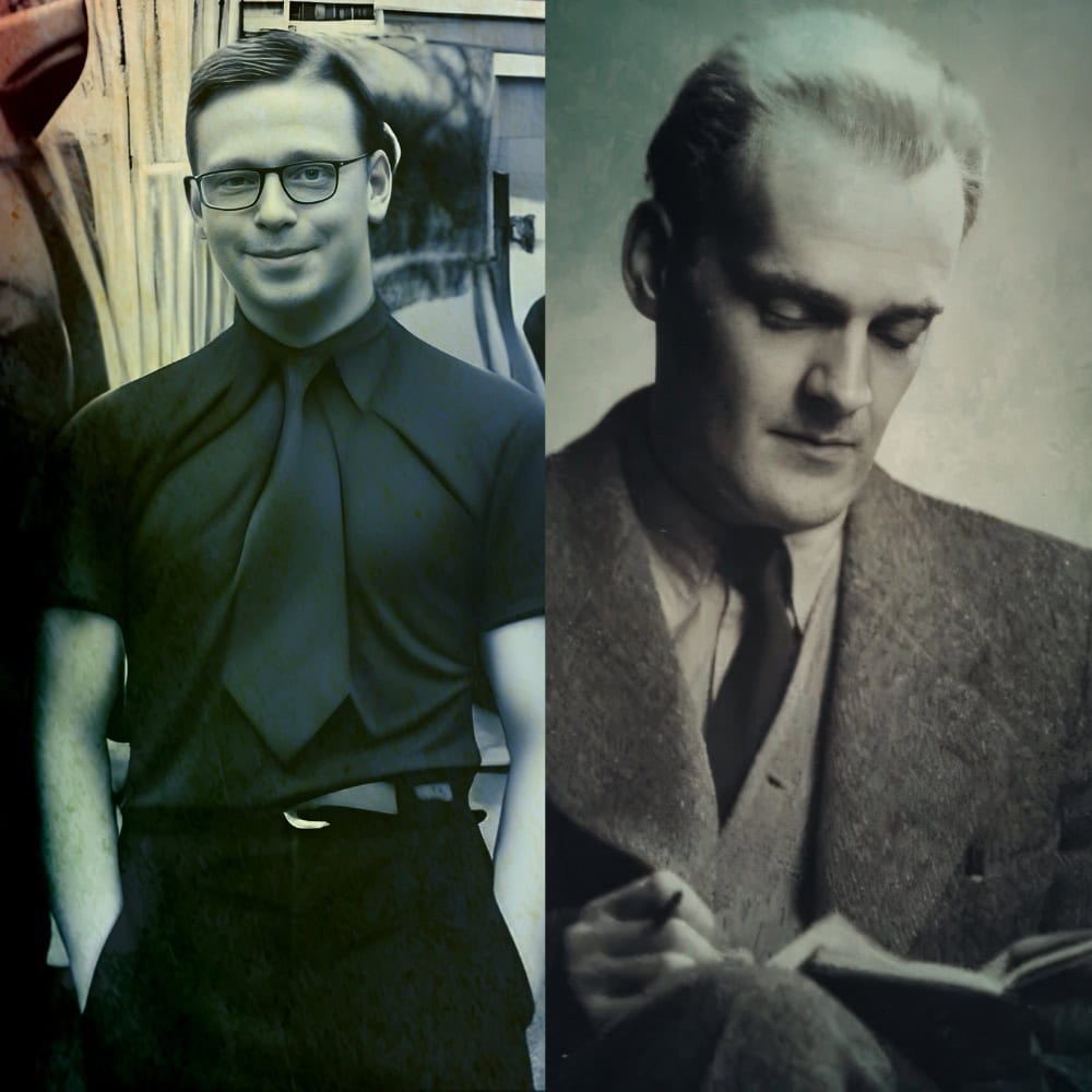 Journalist wearing black glasses and a dark shirt, vintage black-and-white photo, historical news coverage and media history, archival news photographer, past daily sound archive of news and history.