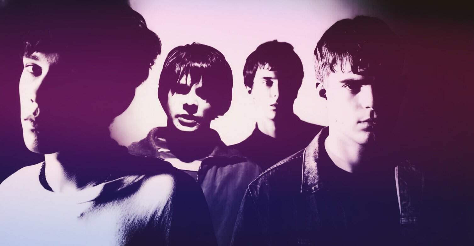 Black and white photo of a band with five members, showcasing music history, retro vibe, and influential musicians. Perfect for sound archive, news, and music enthusiasts.