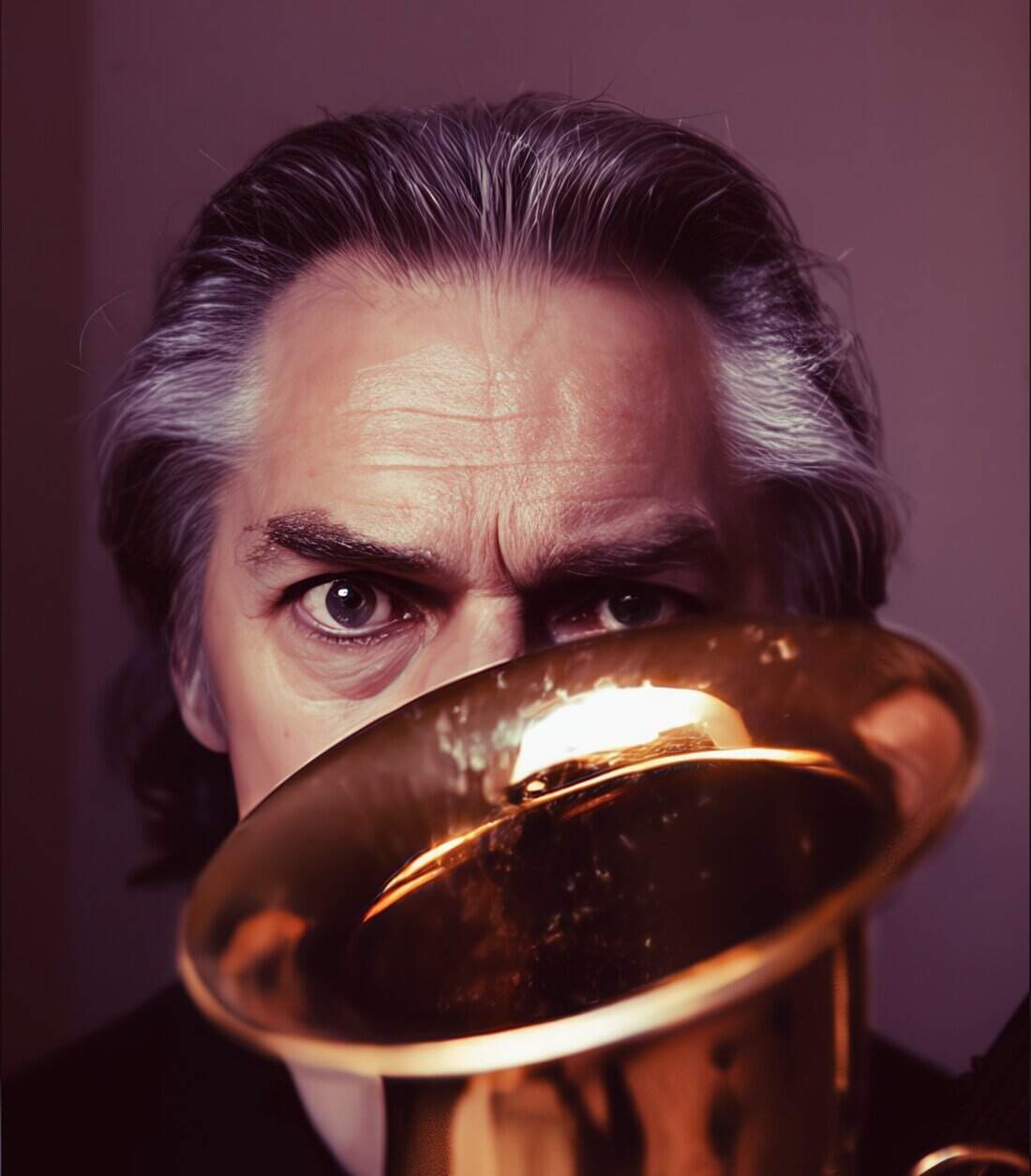 Bronzed saxophone with a reflective surface, highlighting jazz and music history, close-up image.
