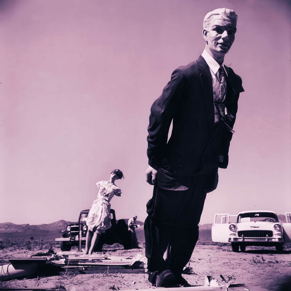Surreal desert scene with giant mannequins, vintage cars, and mountains in background, representing a mix of news, history, and music archives, with a purple hue emphasizing nostalgia and retro vibe.