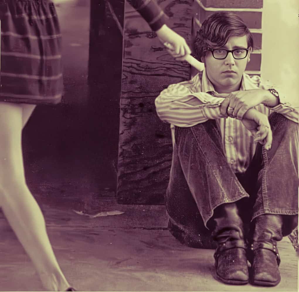 Old-fashioned young man sitting on the ground with a serious expression, vintage Black and White photo, historical news archive imagery.