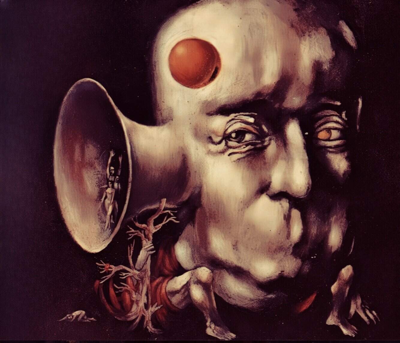 A surreal painting combining a human face with abstract artistic elements, featuring a large ear with a miniature figure inside, symbolizing music and listening as part of a historical sound archive.