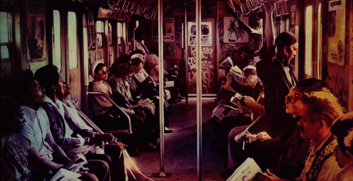 People seated on subway train, reading newspapers and listening to music, capturing urban commute scenes for historical news and music archive.