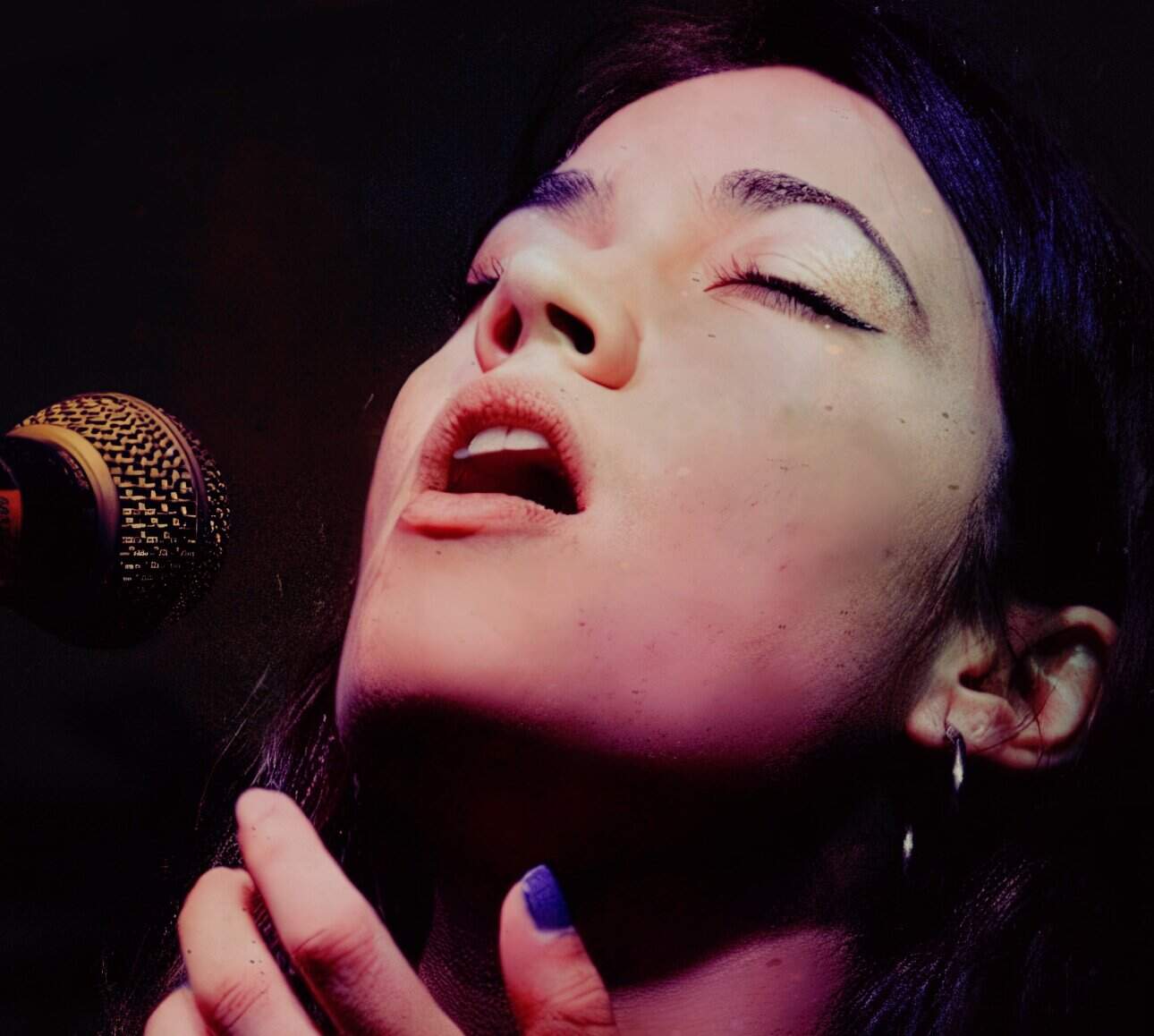 Vocalist singing passionately into a microphone, capturing a powerful musical performance with focus on music, singing, and live music.