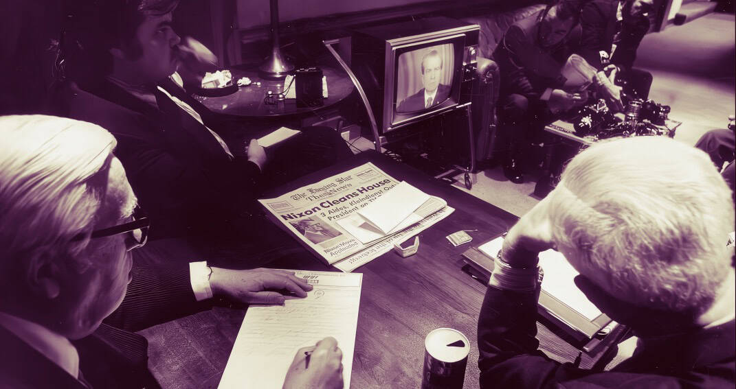 Nixon Ceads House news meeting, historic political event, old television, journalists taking notes, media coverage of news, vintage newsroom scene, political journalism, archival news footage, past daily history and music archive, sound archive of news and history.