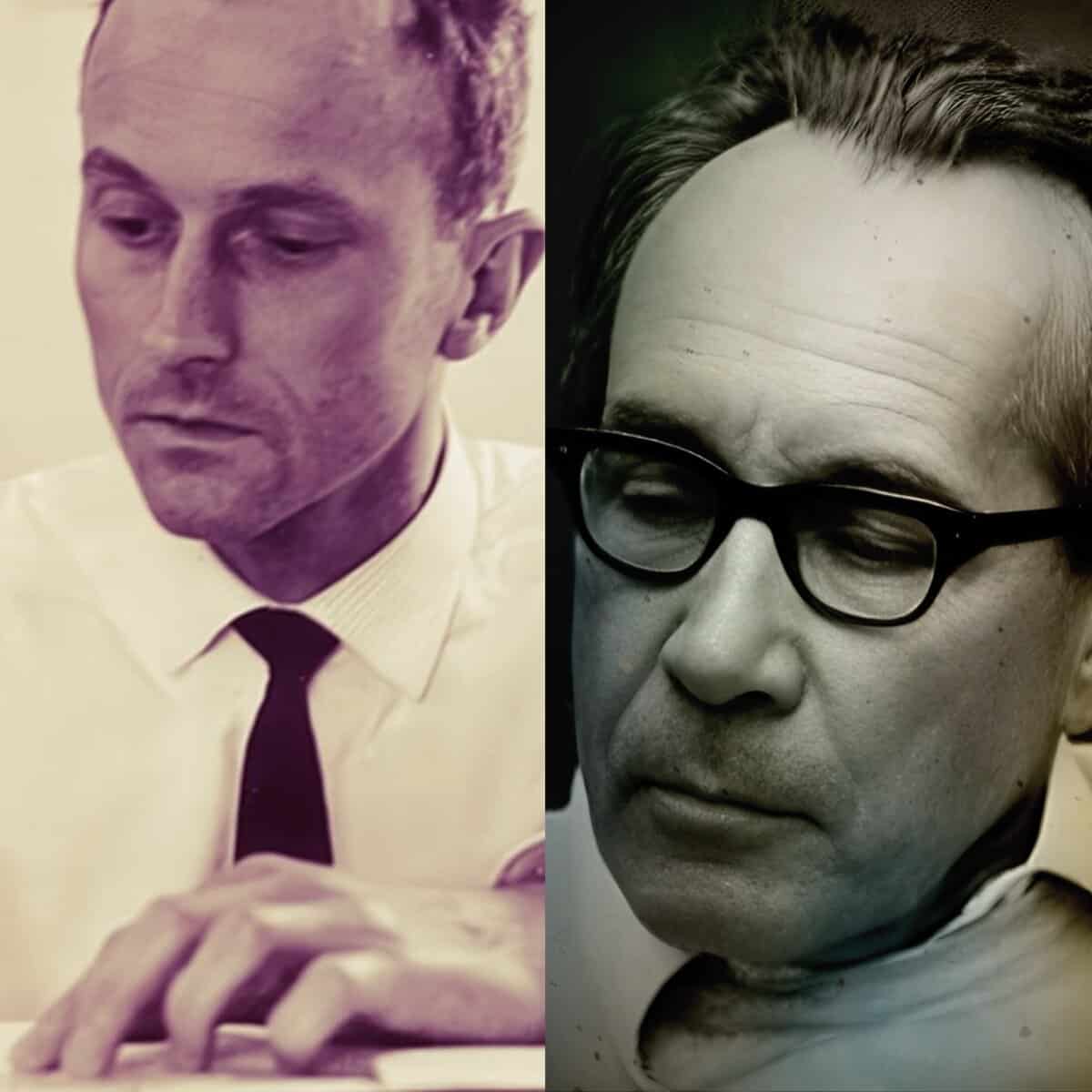 Vintage black and white photo featuring two men with glasses, classic 1950s style, reflecting historical figures or moments in news, history, and music. Perfect for archive content on past Daily's sound archive of news.