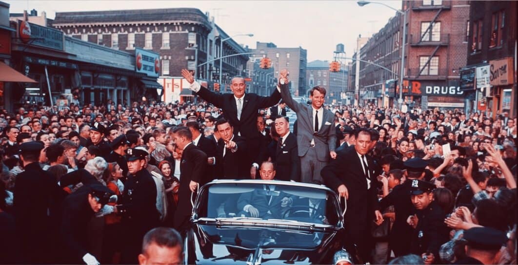 Historic parade celebrating civil rights movement leader Martin Luther King Jr. with a crowd gathered on a busy city street. People cheer and wave as the car passes by, capturing a monumental moment in history.