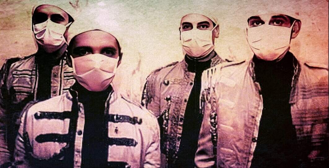 Silhouetted band members wearing face masks, some with sunglasses, in a retro style image for Past Daily sound archive of news, history, and music.