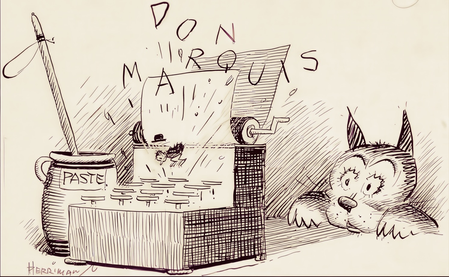 A sketch of a dog lying next to a desk with a large container labeled "PASTE," drawing a machine with paper and a rolling pin, emphasizing vintage sound archive themes.