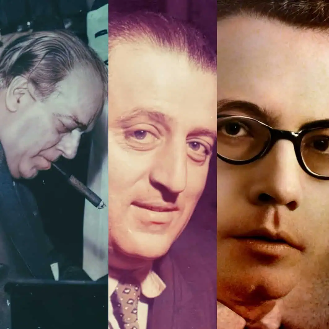 Vintage news recording of a man smoking a cigar with a focused expression.