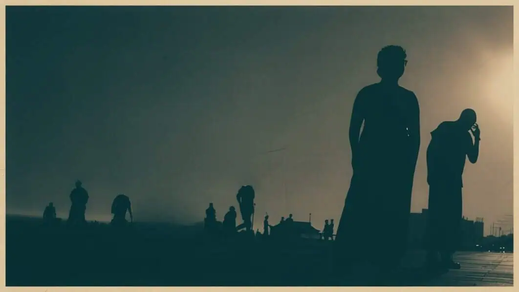 Silhouetted figures standing on a beach at sunset with a warm glow in the background.