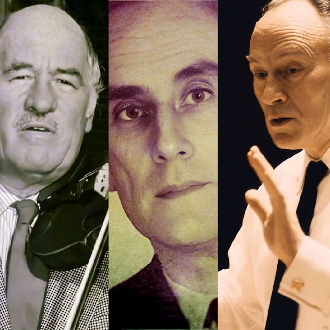 A vintage portrait of a distinguished man with a mustache, a close-up of a woman's face with intense eyes, and a man in a white suit gesturing passionately during a speech or performance.