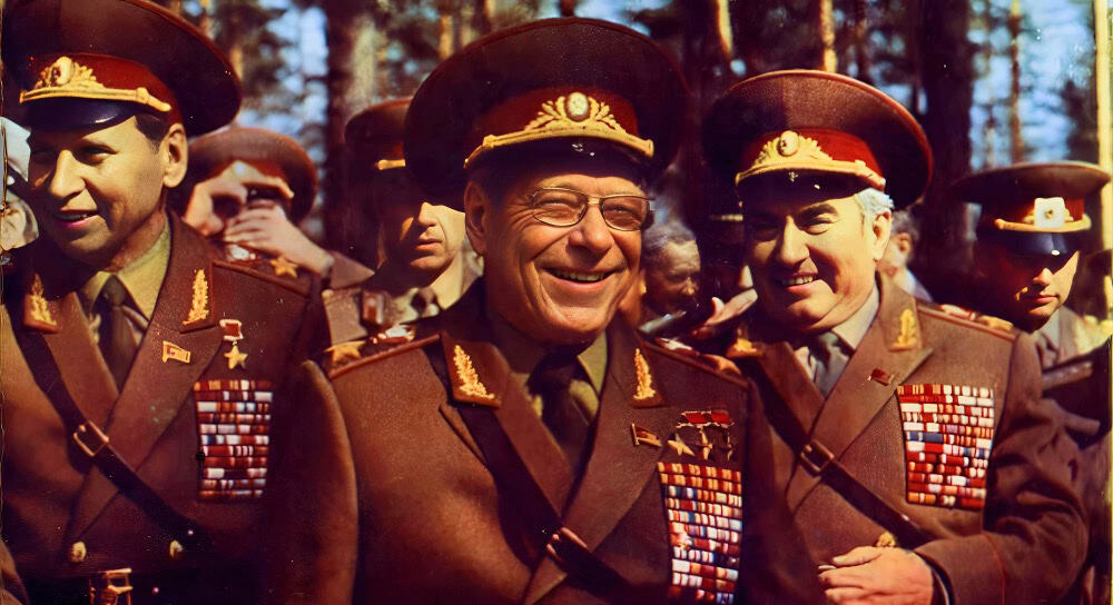 Generals of the Soviet Army in military uniforms with medals, officers, and soldiers during a historical event, outdoor setting, in a forest area with tall trees, celebrating or gathering in the 20th century.